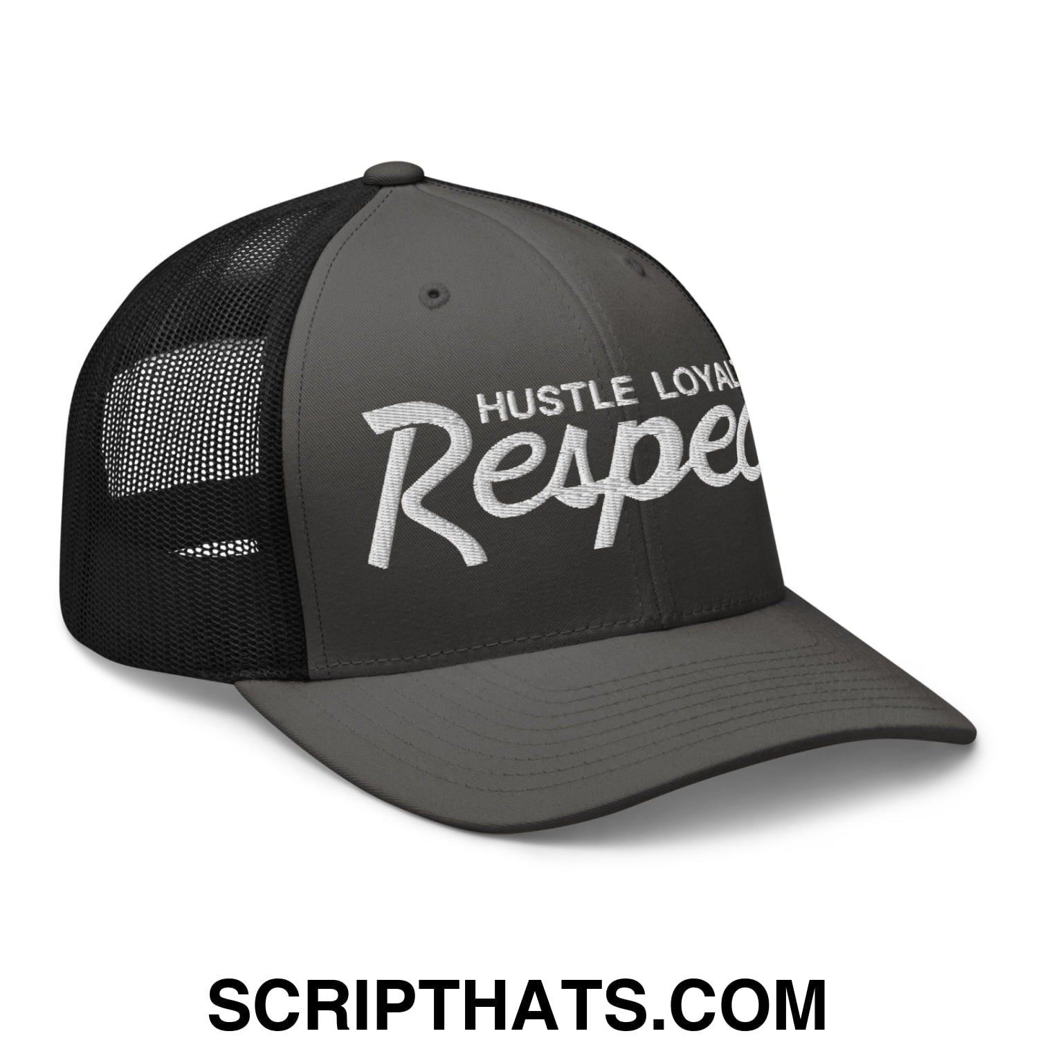 Hustle Loyalty Respect Embroidered Mesh Trucker Hat Charcoal Black