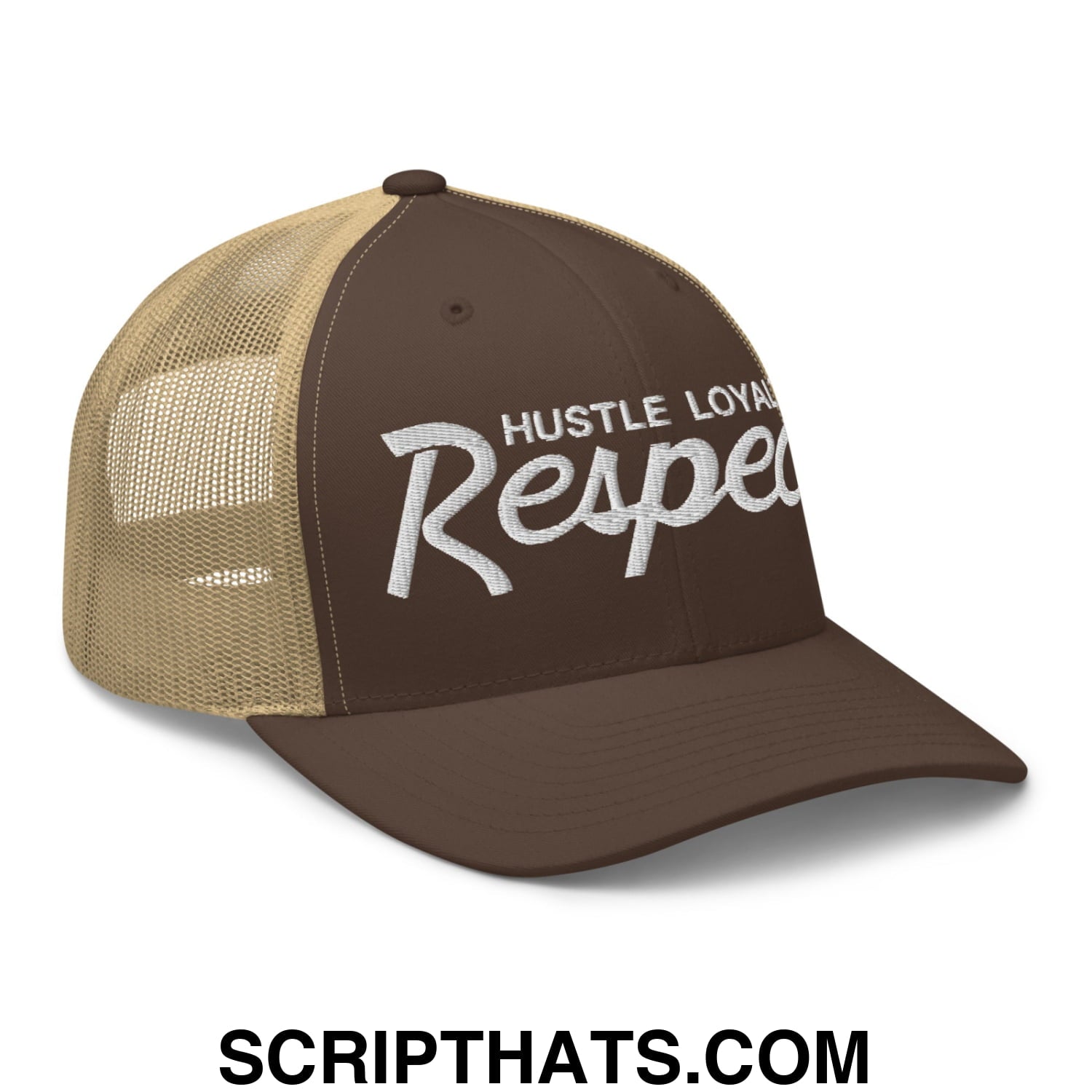 Hustle Loyalty Respect Embroidered Mesh Trucker Hat Brown Khaki