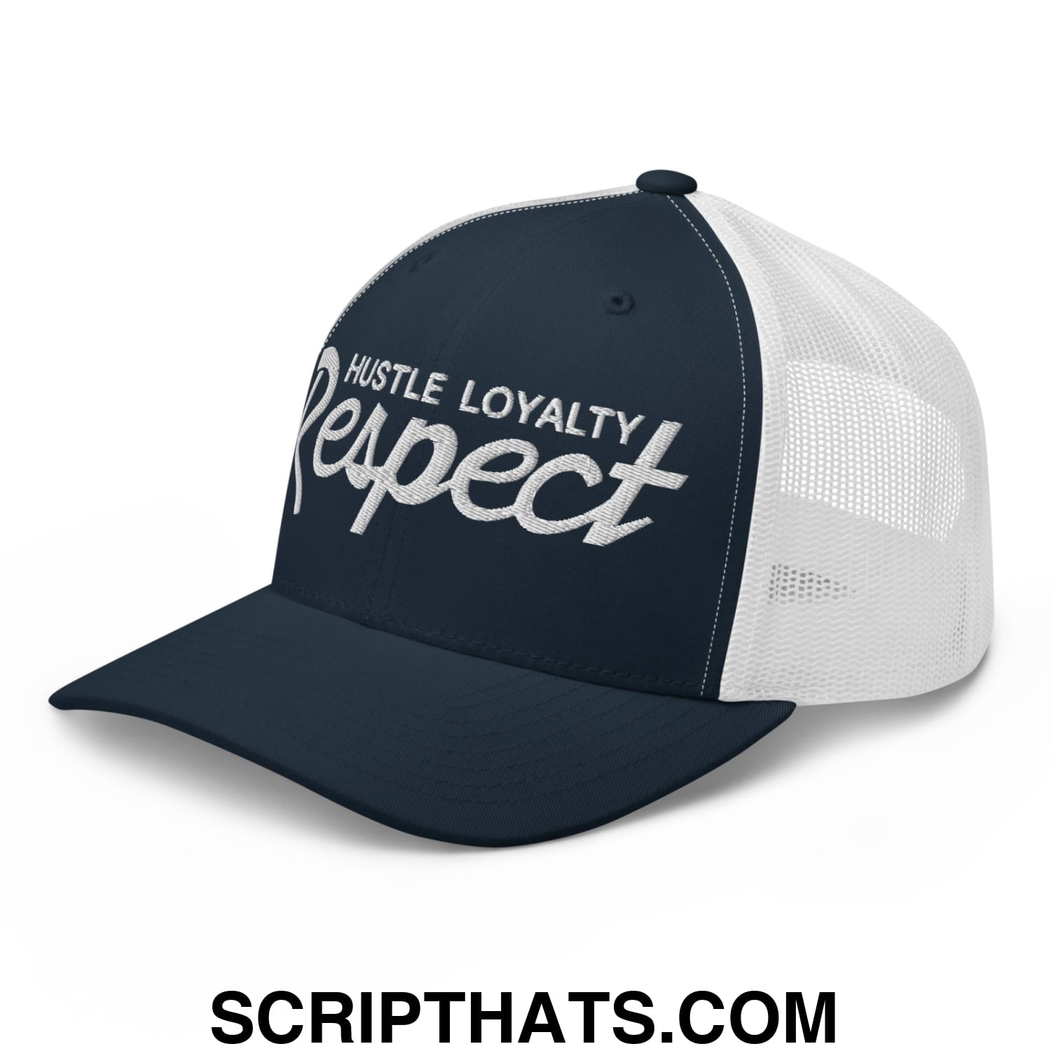 Hustle Loyalty Respect Embroidered Mesh Trucker Hat Navy White
