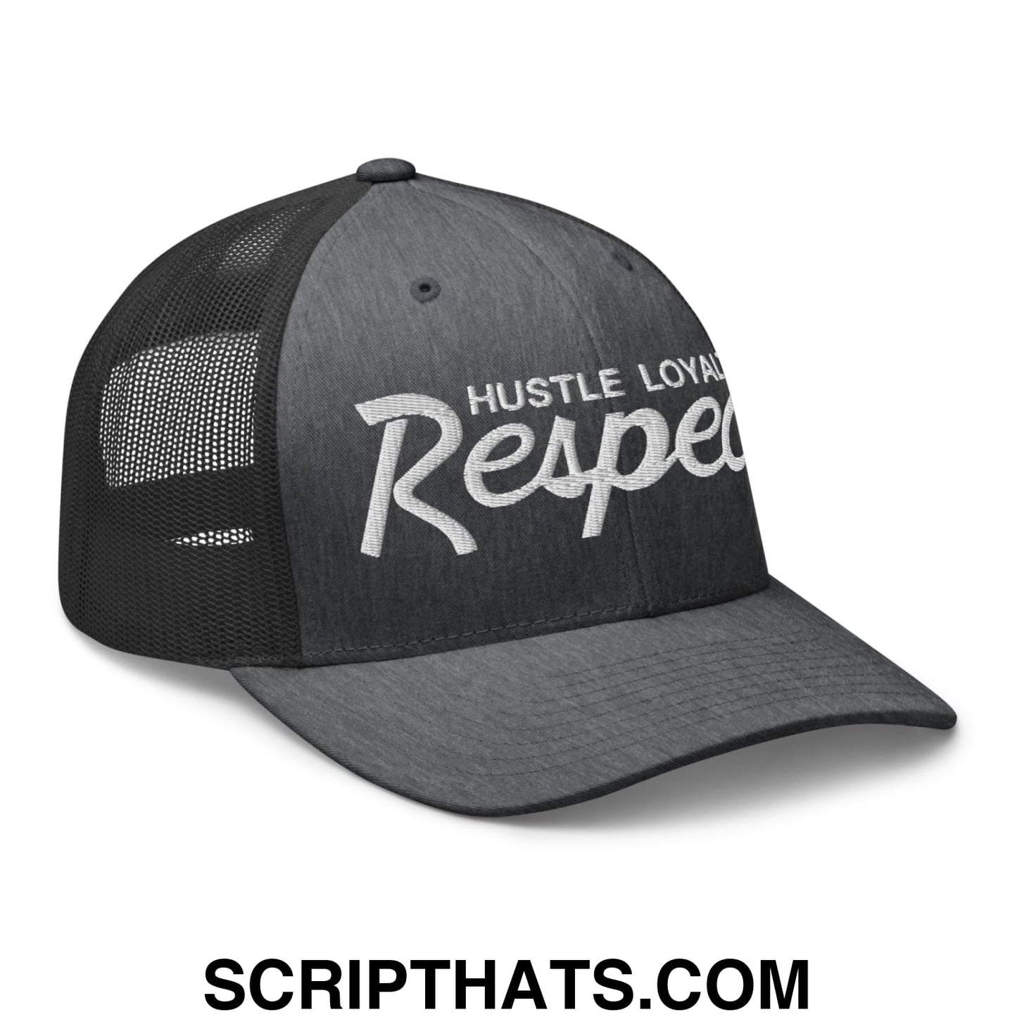 Hustle Loyalty Respect Embroidered Mesh Trucker Hat Dark Heather Gray