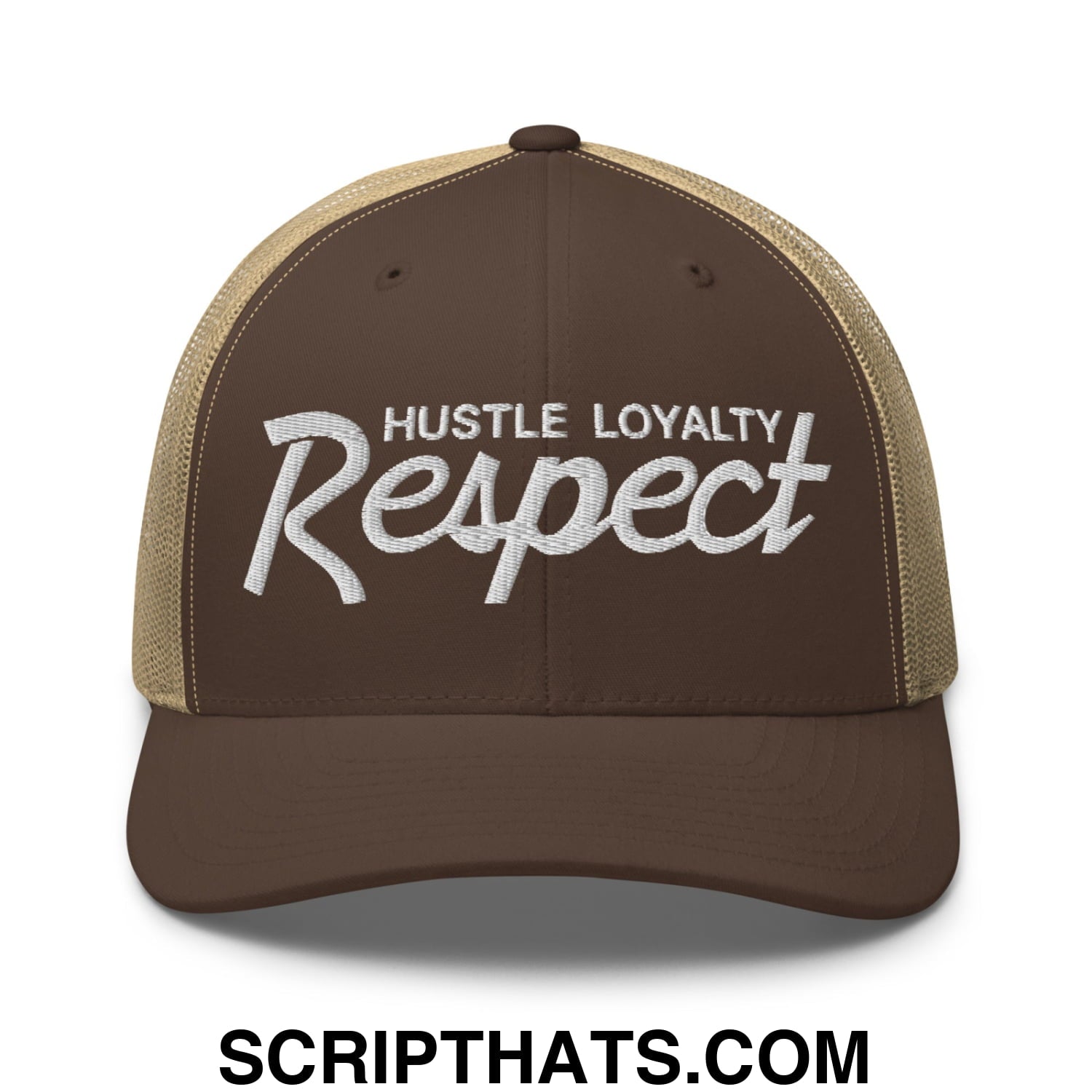 Hustle Loyalty Respect Embroidered Mesh Trucker Hat Brown Khaki