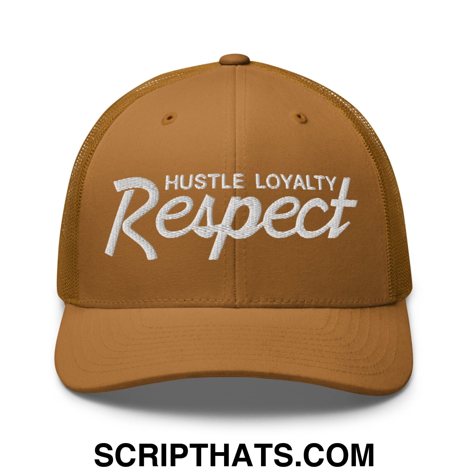 Hustle Loyalty Respect Embroidered Mesh Trucker Hat Caramel