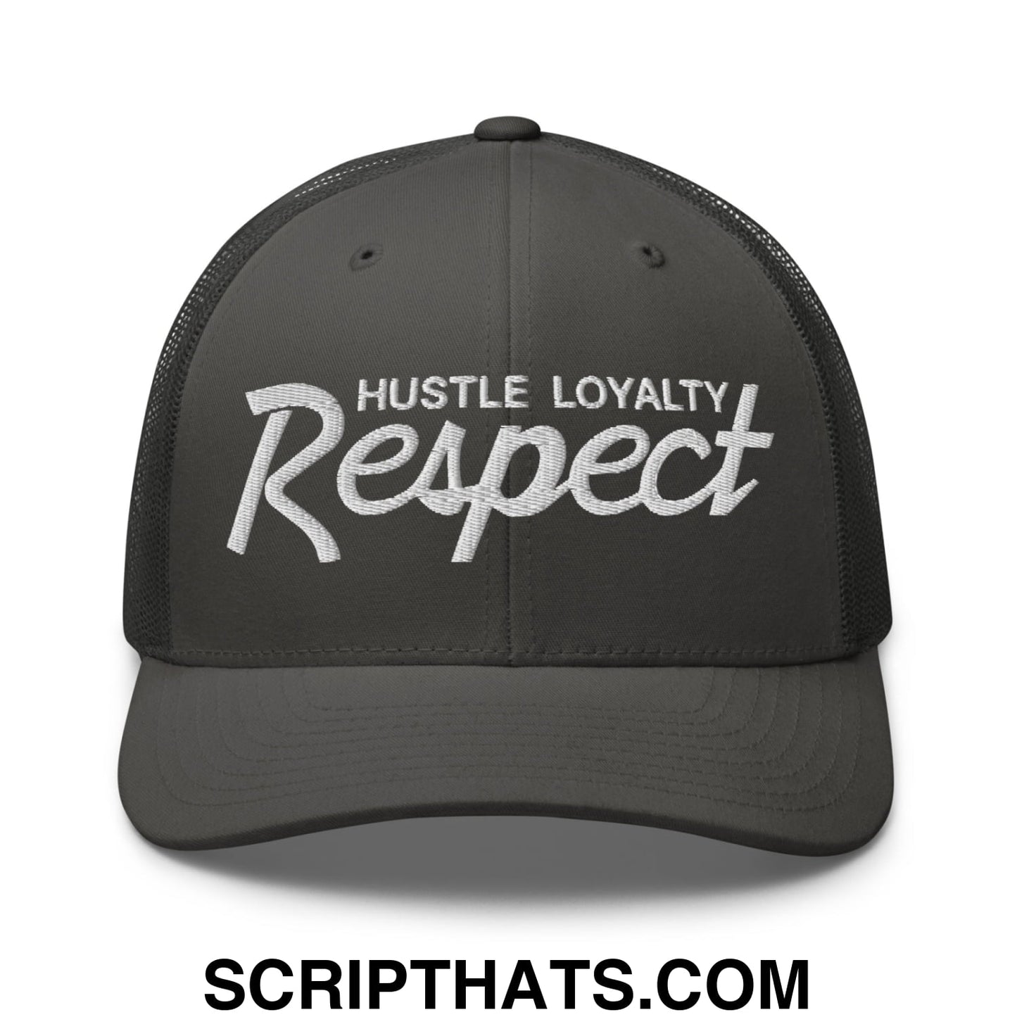 Hustle Loyalty Respect Embroidered Mesh Trucker Hat Charcoal