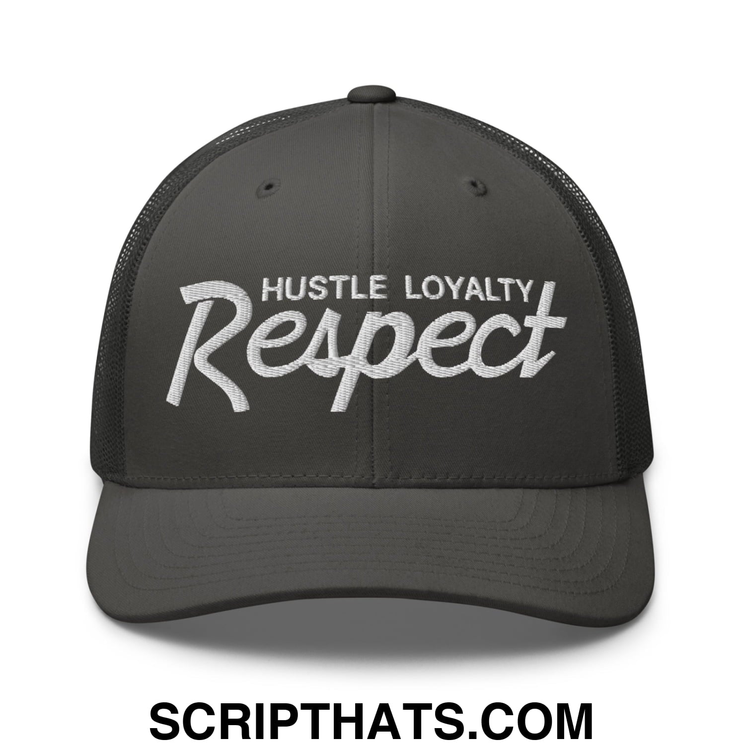 Hustle Loyalty Respect Embroidered Mesh Trucker Hat Charcoal
