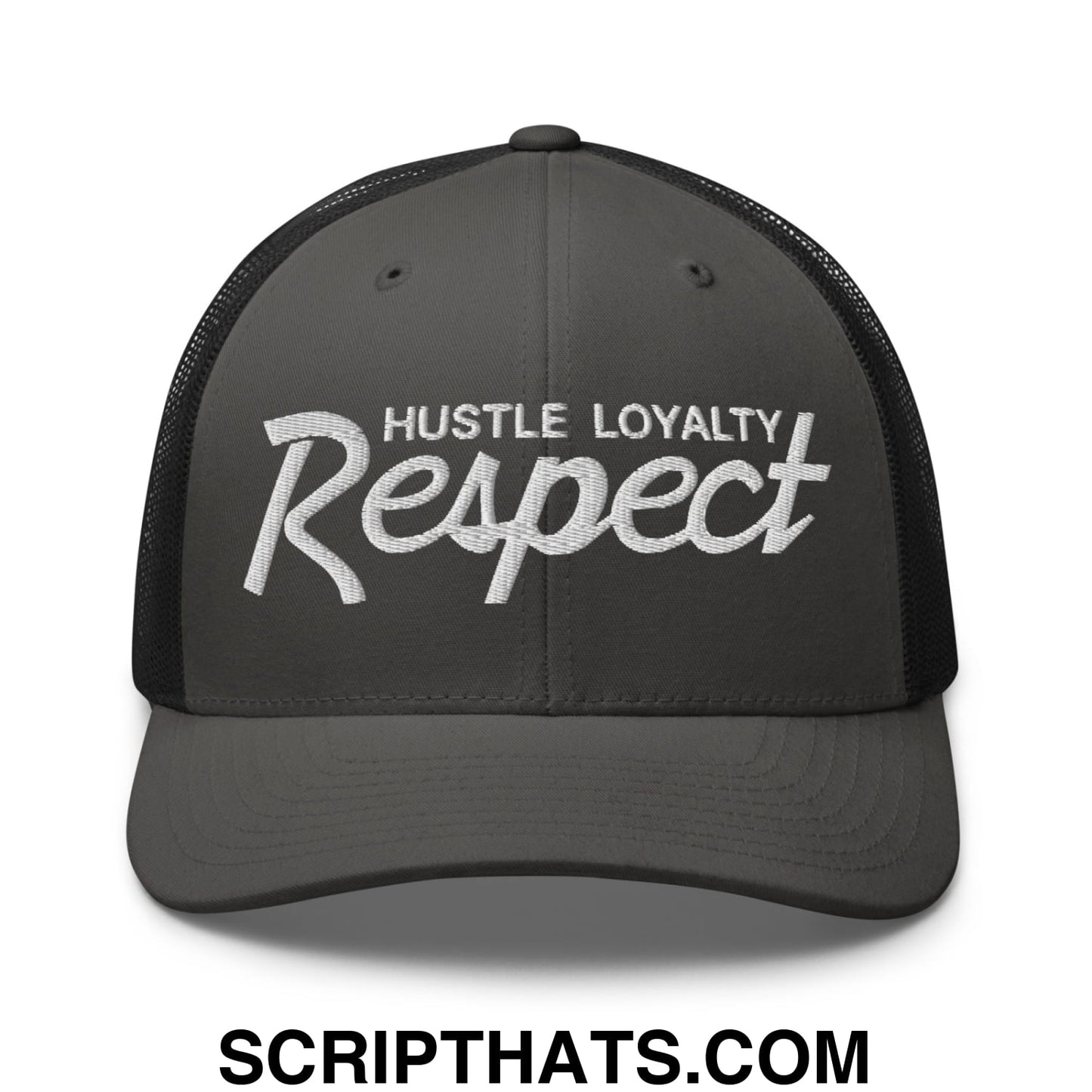 Hustle Loyalty Respect Embroidered Mesh Trucker Hat Charcoal Black