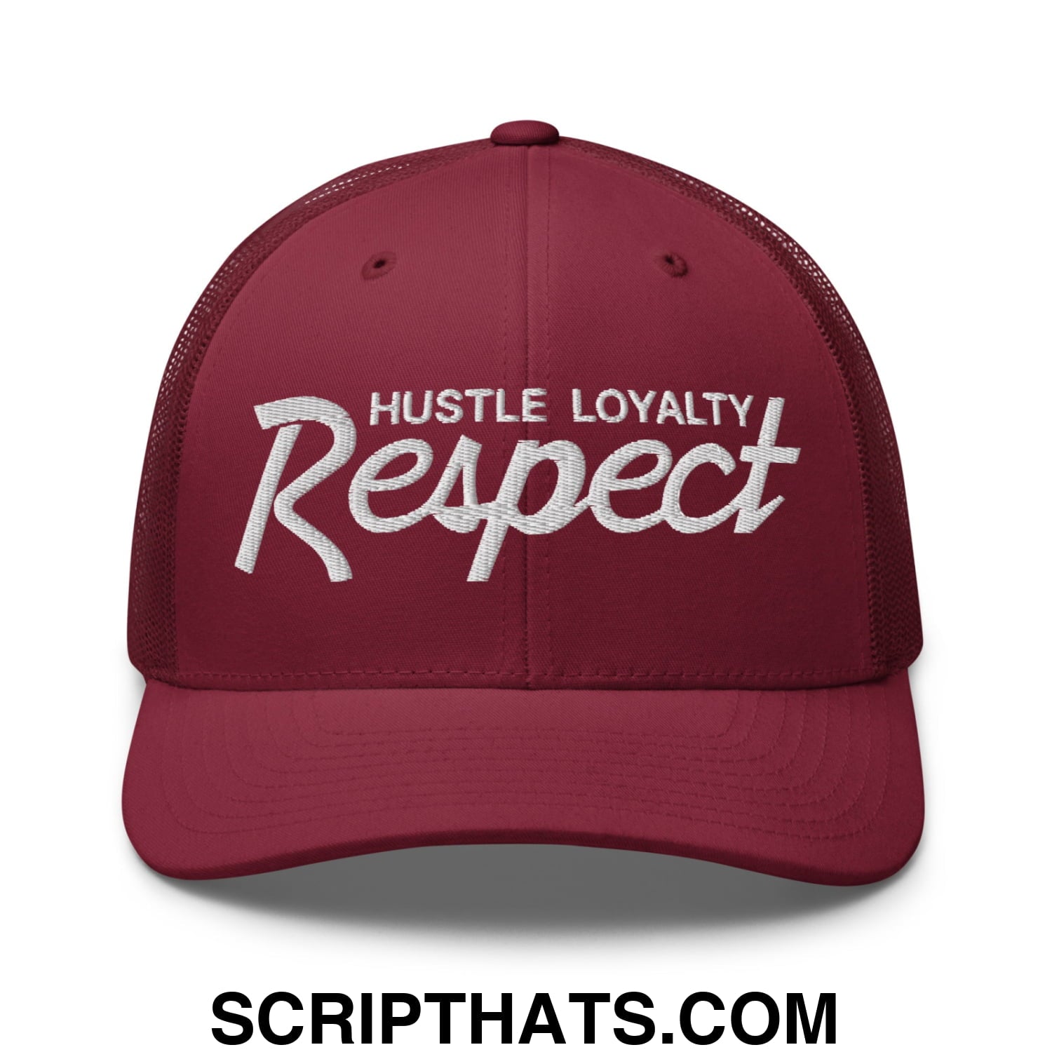 Hustle Loyalty Respect Embroidered Mesh Trucker Hat Cranberry