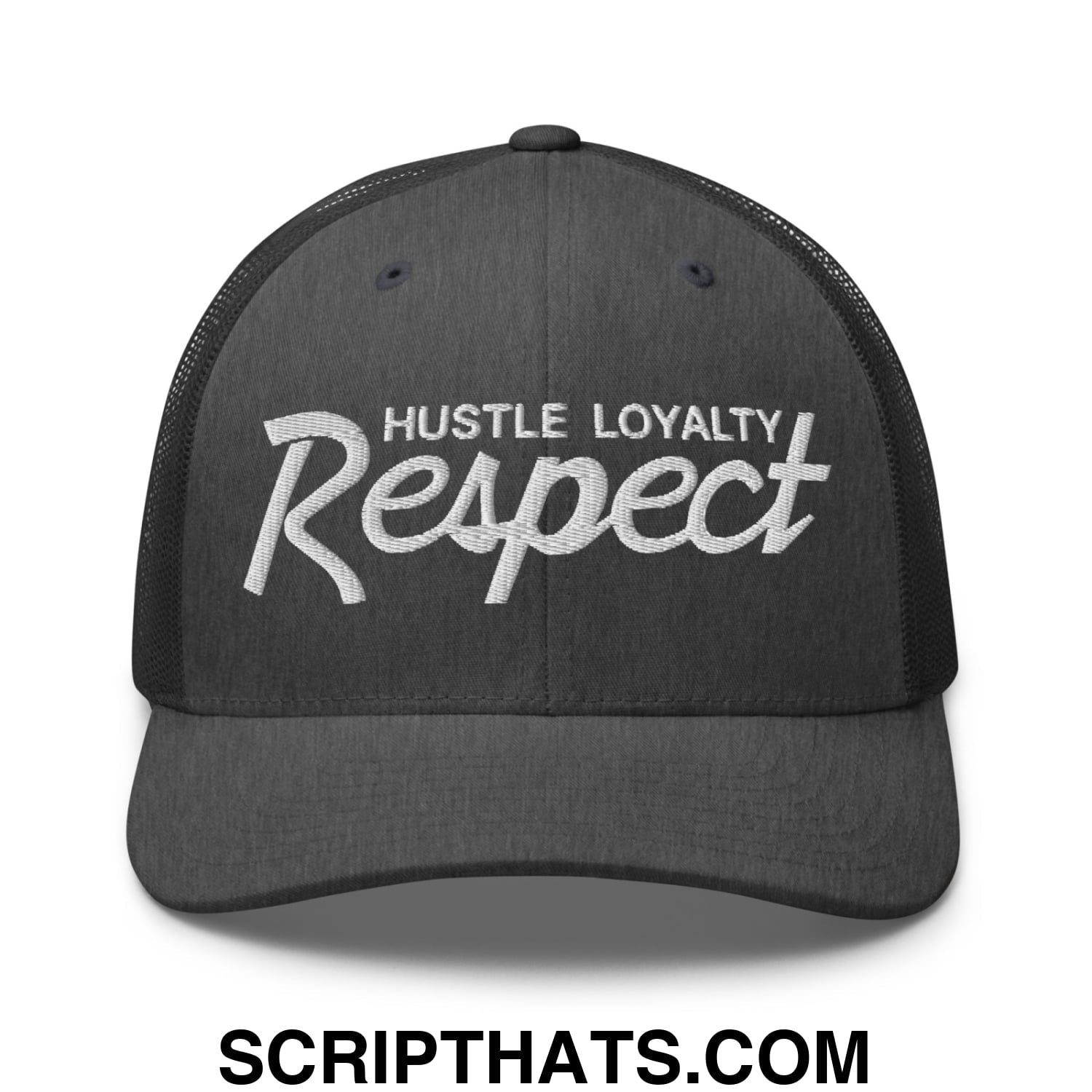 Hustle Loyalty Respect Embroidered Mesh Trucker Hat Dark Heather Gray