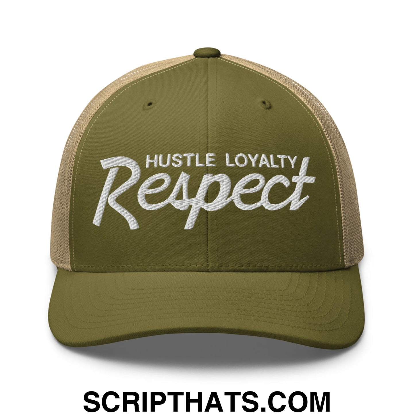 Hustle Loyalty Respect Embroidered Mesh Trucker Hat Moss Khaki
