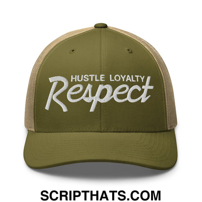 Hustle Loyalty Respect Embroidered Mesh Trucker Hat Moss Khaki