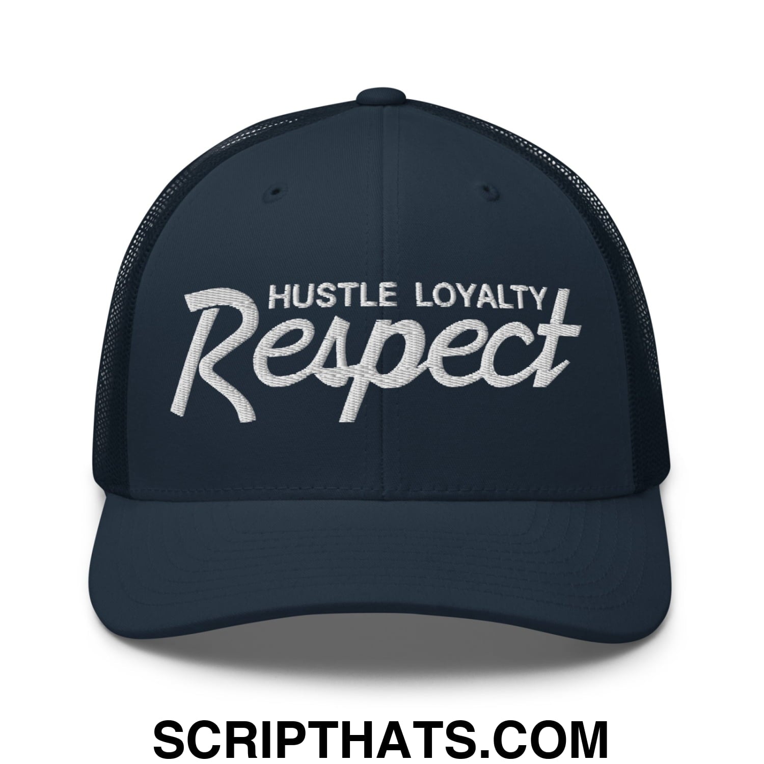Hustle Loyalty Respect Embroidered Mesh Trucker Hat Navy
