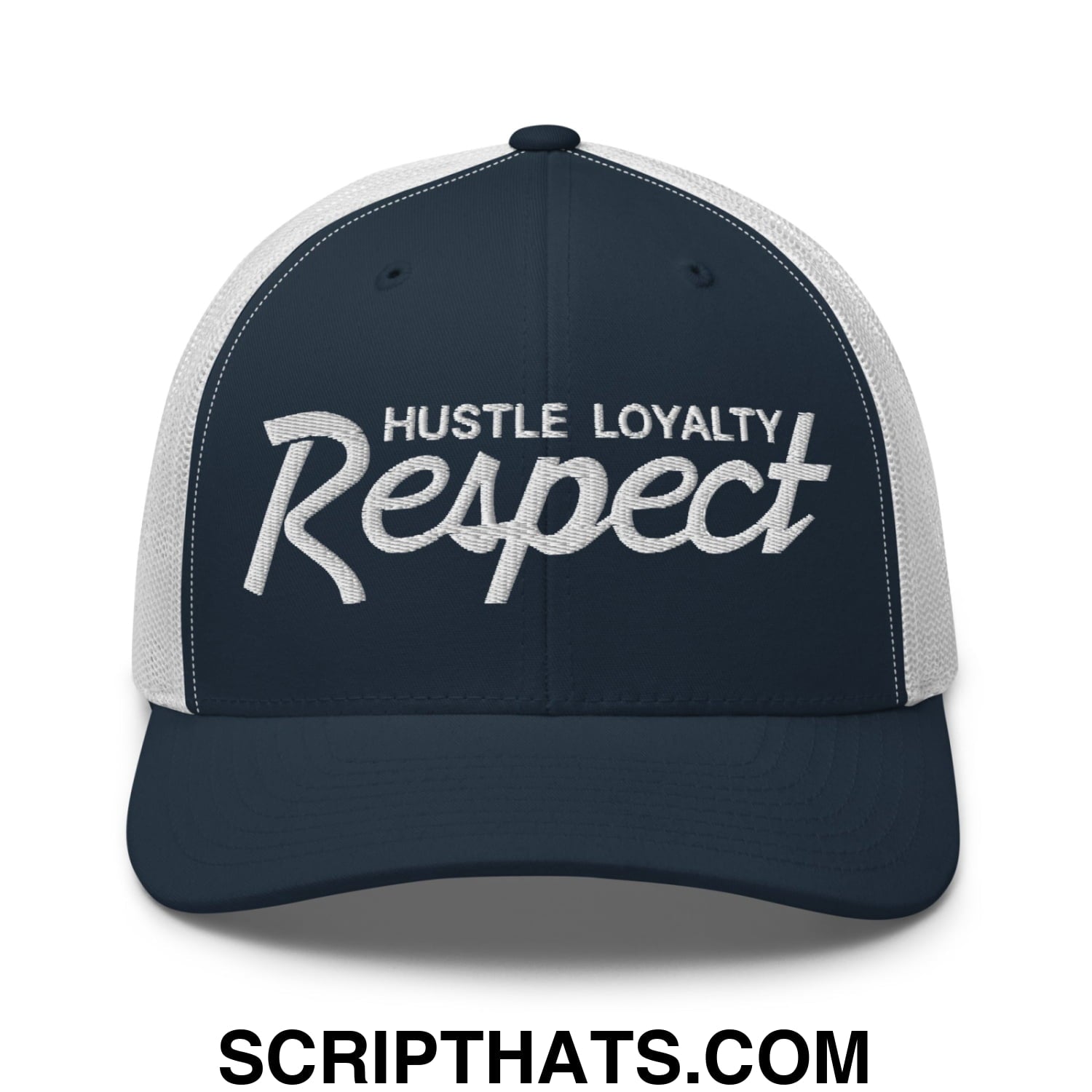 Hustle Loyalty Respect Embroidered Mesh Trucker Hat Navy White
