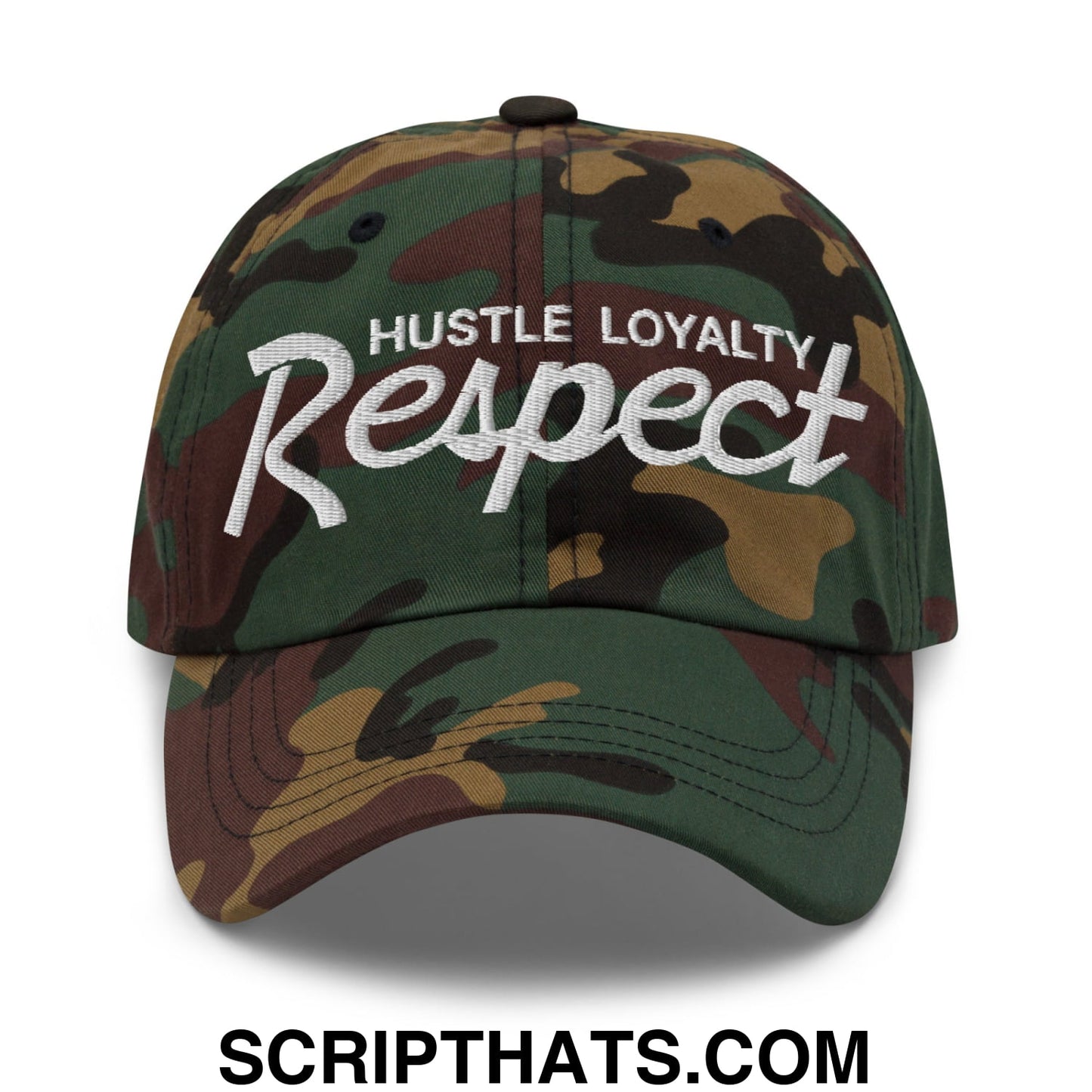 Hustle Loyalty Respect Embroidered Unstructured Dad Hat Green Camo