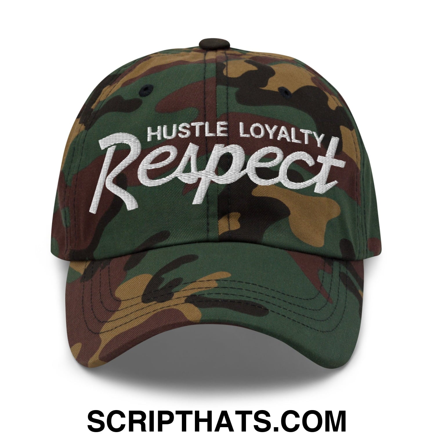 Hustle Loyalty Respect Embroidered Unstructured Dad Hat Green Camo