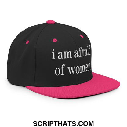 Black and pink embroidered flat bill brim snapback hat with white i am afraid of women text on front panel
