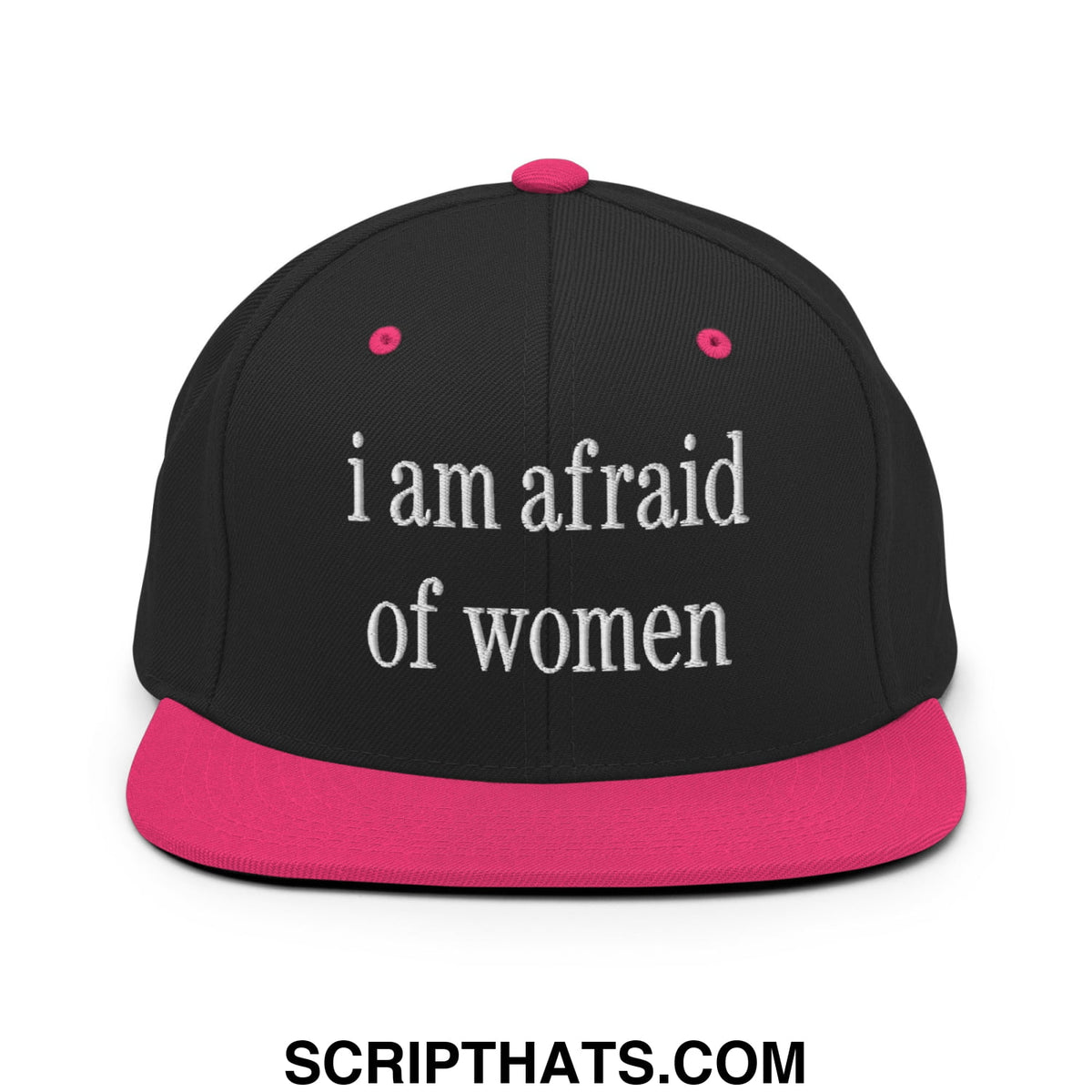 Black snapback cap with vibrant pink brim and white embroidered i am afraid of women text flat bill brim snapback hat