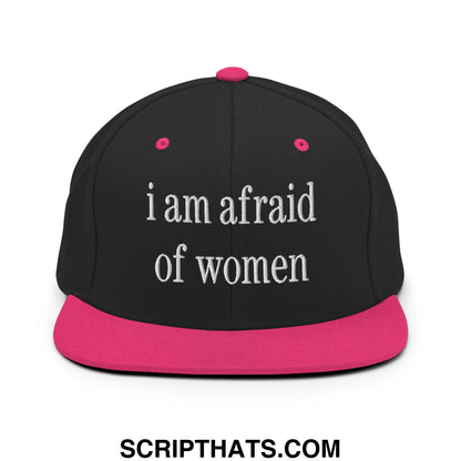 Black snapback cap with vibrant pink brim and white embroidered i am afraid of women text flat bill brim snapback hat