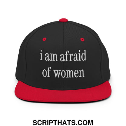 Black and red flat bill snapback hat with white embroidered i am afraid of women text on front panel