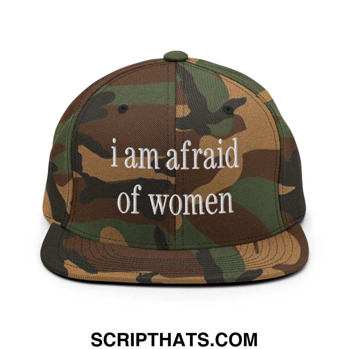Camouflage snapback hat with white embroidered i am afraid of women text and flat bill brim design