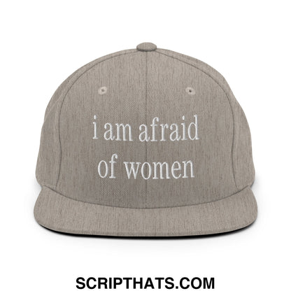 Gray snapback hat with white embroidered text i am afraid of women flat bill brim casual streetwear accessory