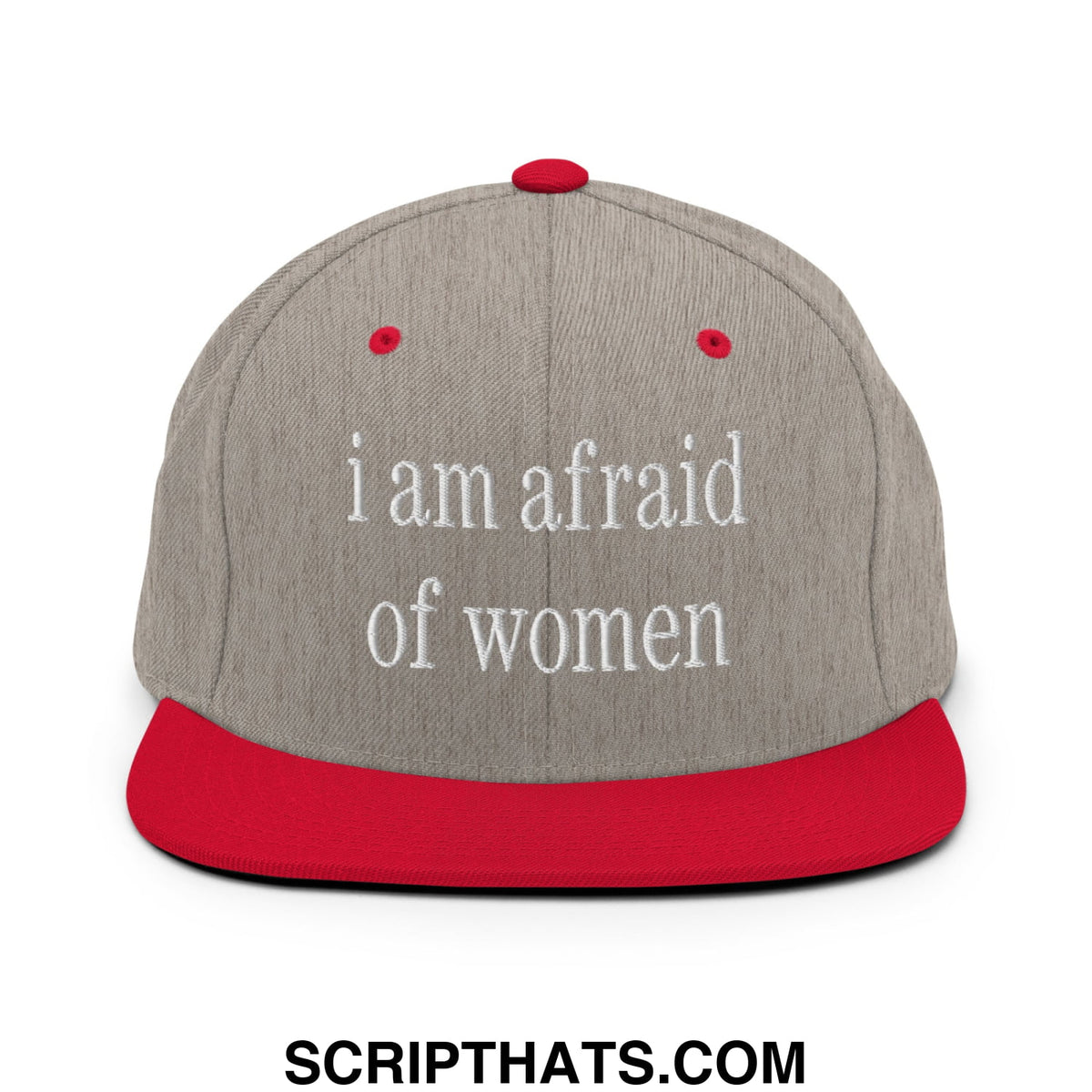 Gray and red snapback hat with flat bill and white embroidered text i am afraid of women on front panel