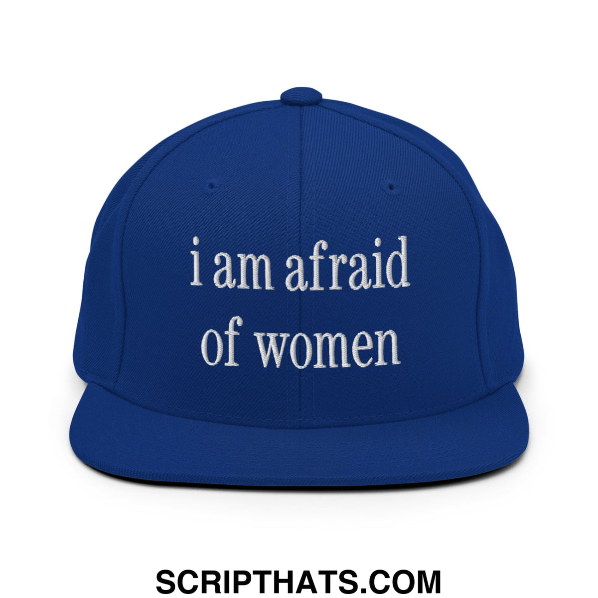 Royal blue flat bill brim snapback hat with white embroidered text i am afraid of women for casual wear