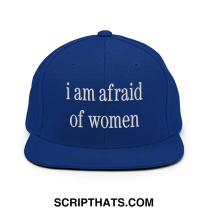 Royal blue flat bill brim snapback hat with white embroidered text i am afraid of women for casual wear