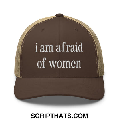 i am afraid of women Embroidered Mesh Trucker Hat Brown Khaki