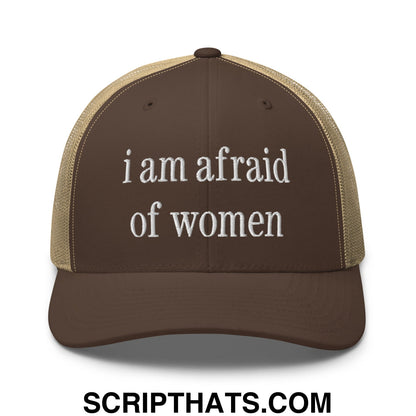 i am afraid of women Embroidered Mesh Trucker Hat Brown Khaki