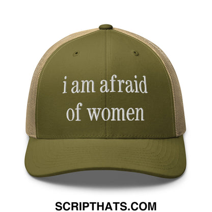i am afraid of women Embroidered Mesh Trucker Hat Moss Khaki