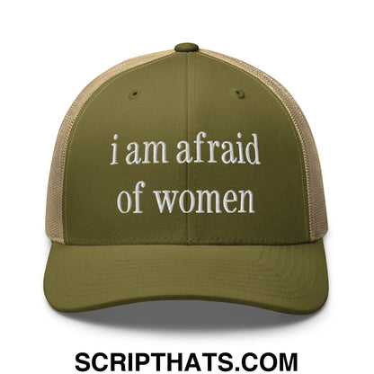 i am afraid of women Embroidered Mesh Trucker Hat Moss Khaki