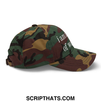 A camouflage-patterned unstructured dad hat with white embroidered i am afraid of women text on the front
