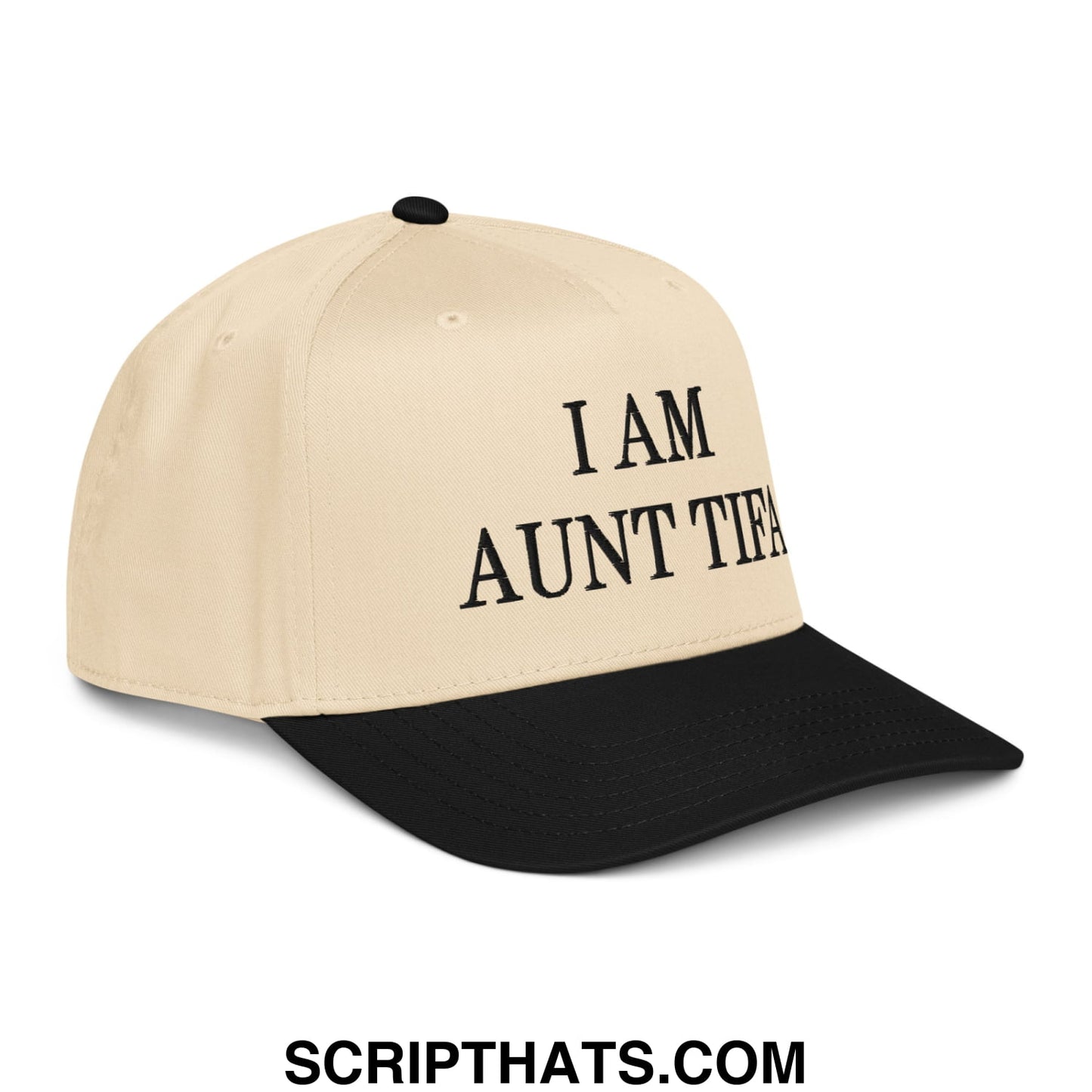 Beige and black embroidered baseball snapback hat with i am aunt tifa text in bold black letters