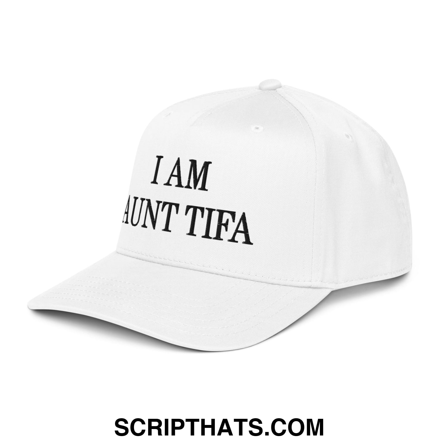 White cotton baseball snapback hat with black embroidered text reading i am aunt Tifa on the front