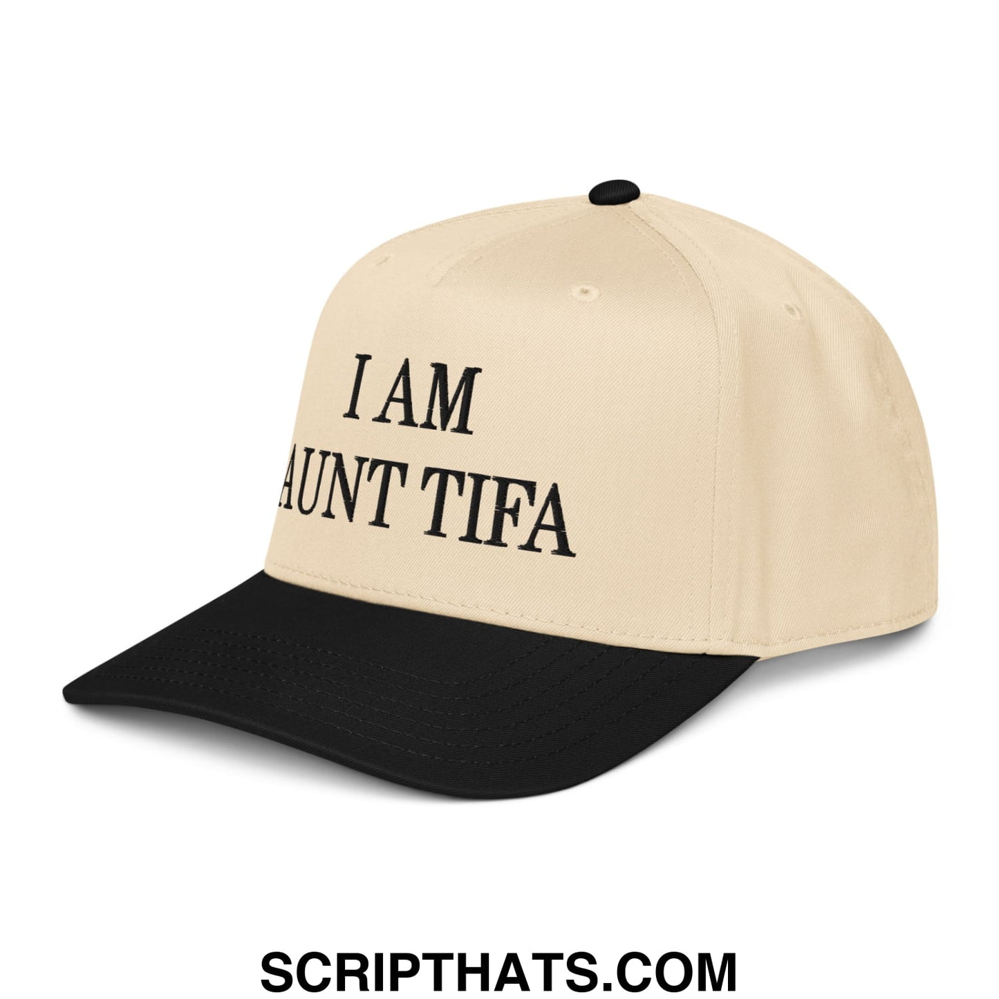 Beige and black baseball snapback hat with i am aunt tifa embroidered in bold black lettering on front panel