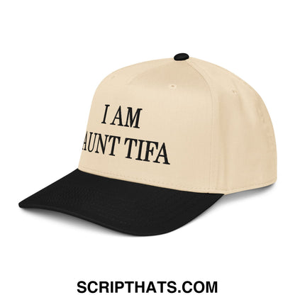Beige and black baseball snapback hat with i am aunt tifa embroidered in bold black lettering on front panel