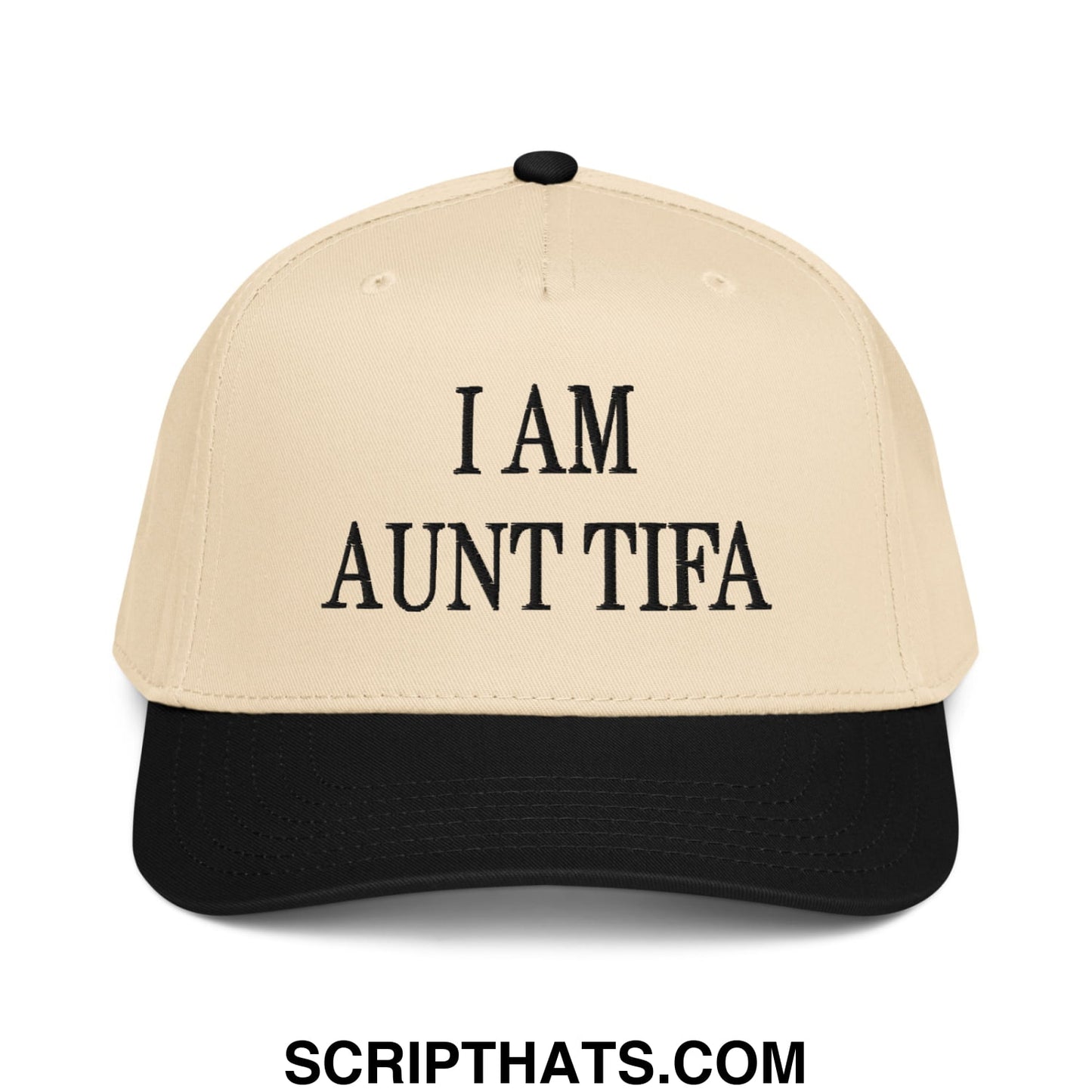 Beige and black baseball snapback hat with i am aunt tifa embroidered in bold black letters on the front