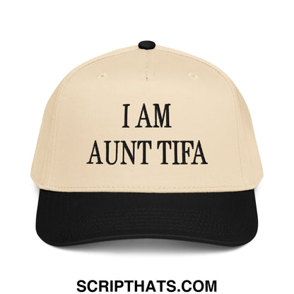 Beige and black baseball snapback hat with i am aunt tifa embroidered in bold black letters on the front
