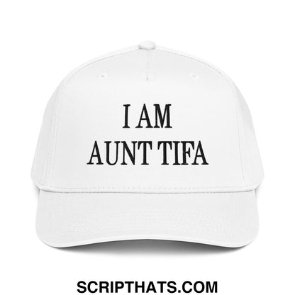 White baseball snapback hat with black embroidered text reading i am aunt tifa in a casual style