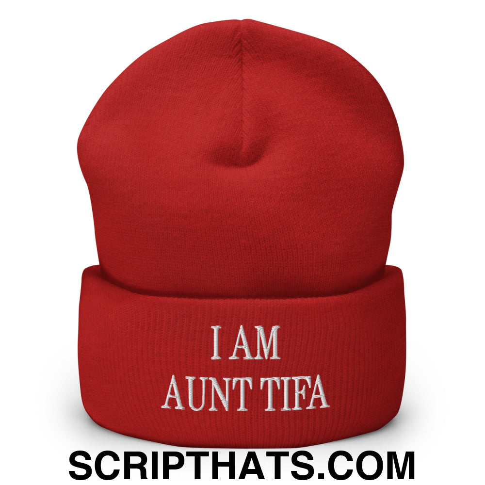 I am Aunt Tifa Embroidered Cuffed Knit Beanie Red
