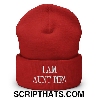 I am Aunt Tifa Embroidered Cuffed Knit Beanie Red