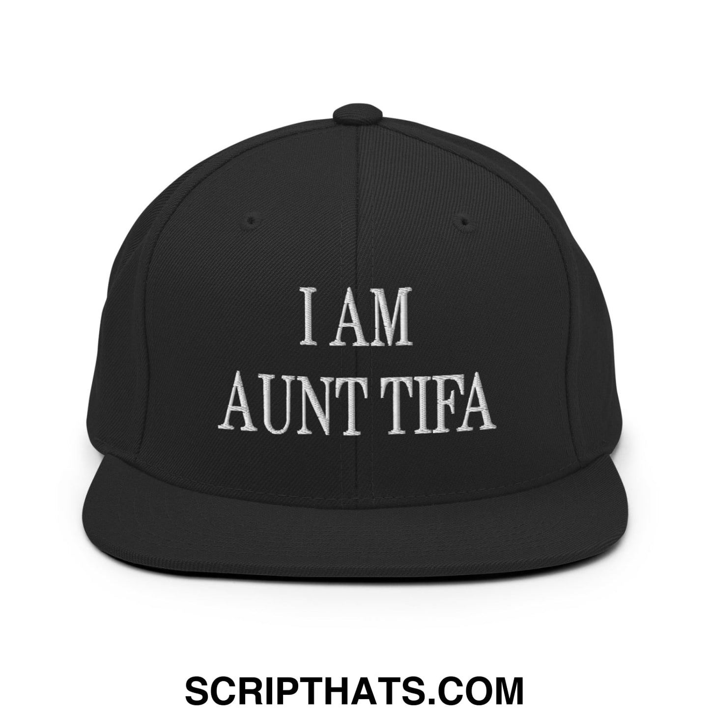 Black flat bill snapback hat with white embroidered i am aunt tifa text ideal for casual wear