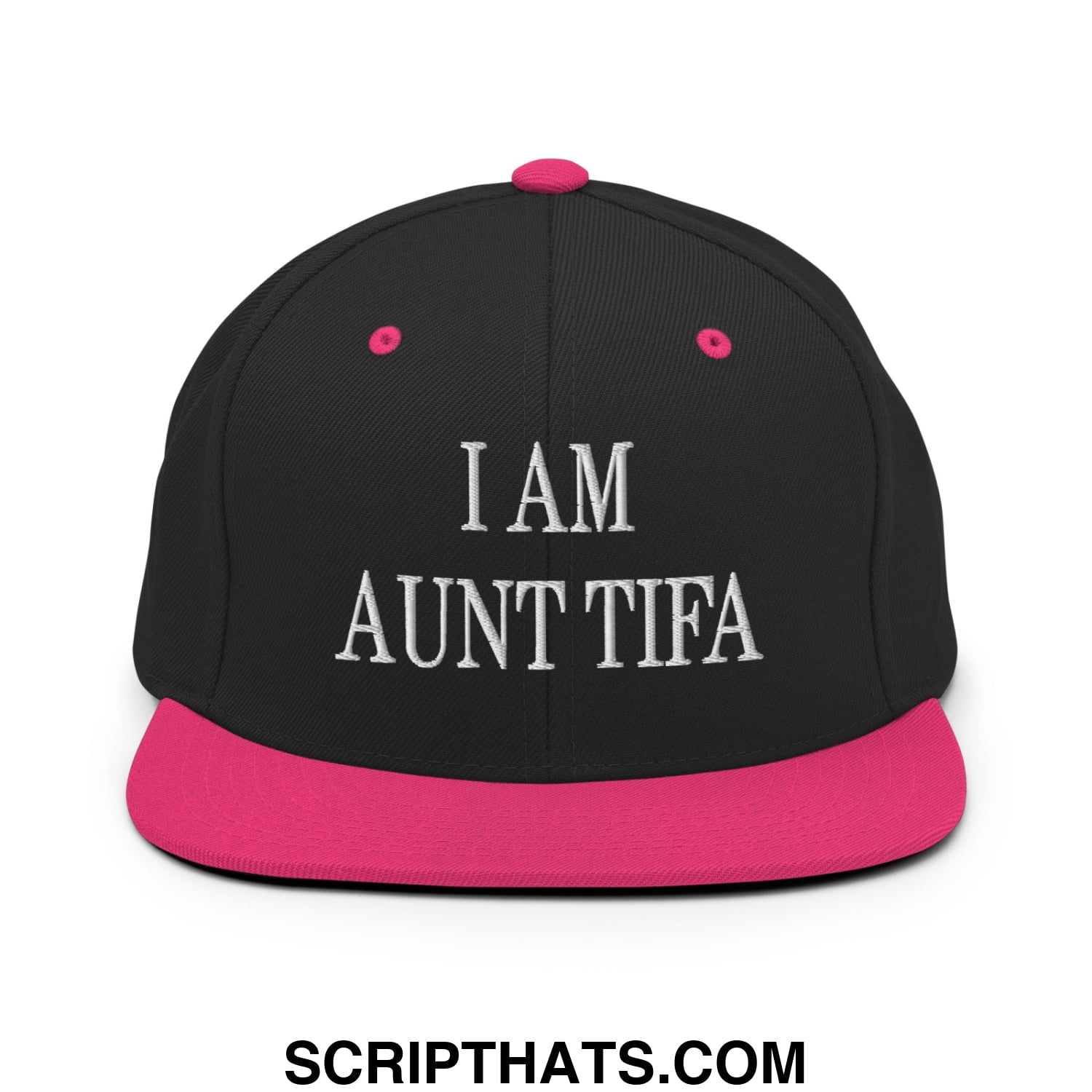 Black snapback cap with pink brim and button featuring white embroidered i am aunt tifa text on front