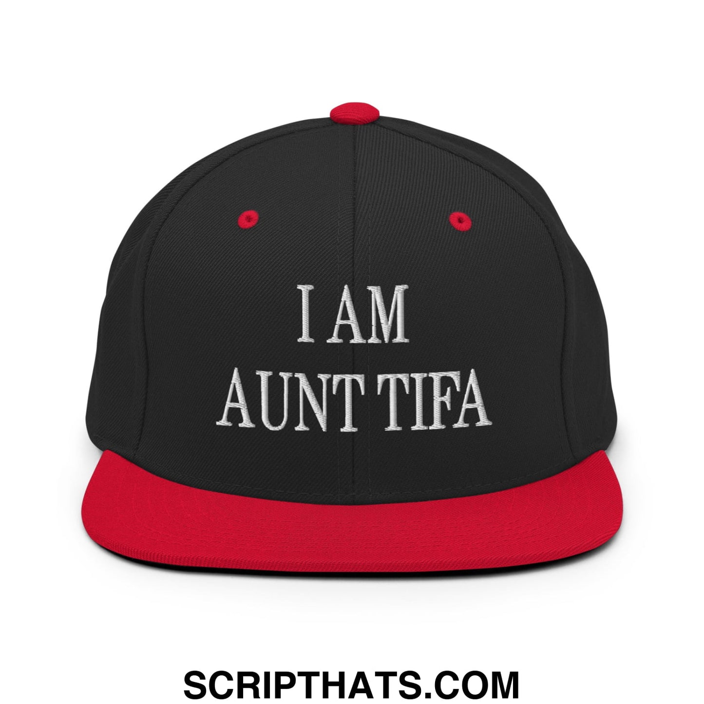 Black snapback hat with red brim and white embroidered text i am aunt tifa on front flat bill brim design