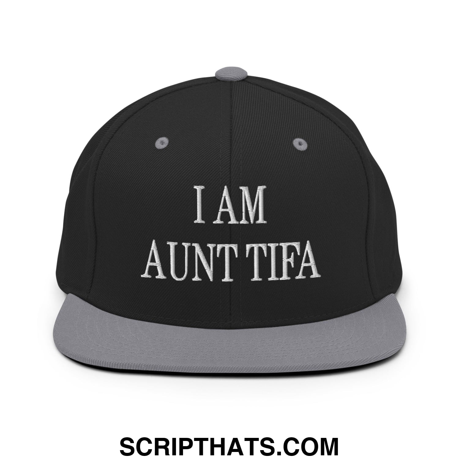 Black snapback hat with gray brim and white embroidered i am aunt tifa text in bold serif font