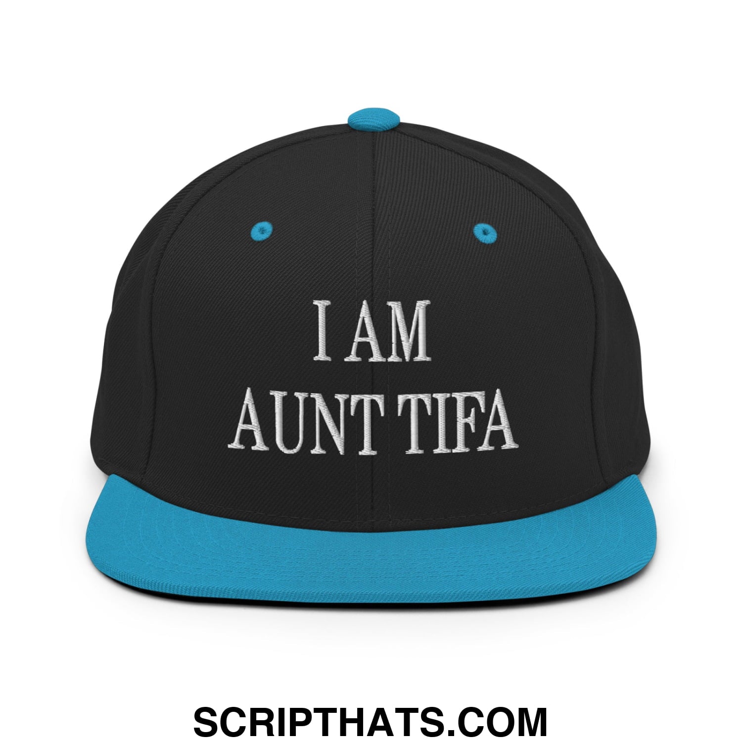 Black snapback cap with teal brim and button featuring white embroidered text i am aunt tifa flat bill brim hat
