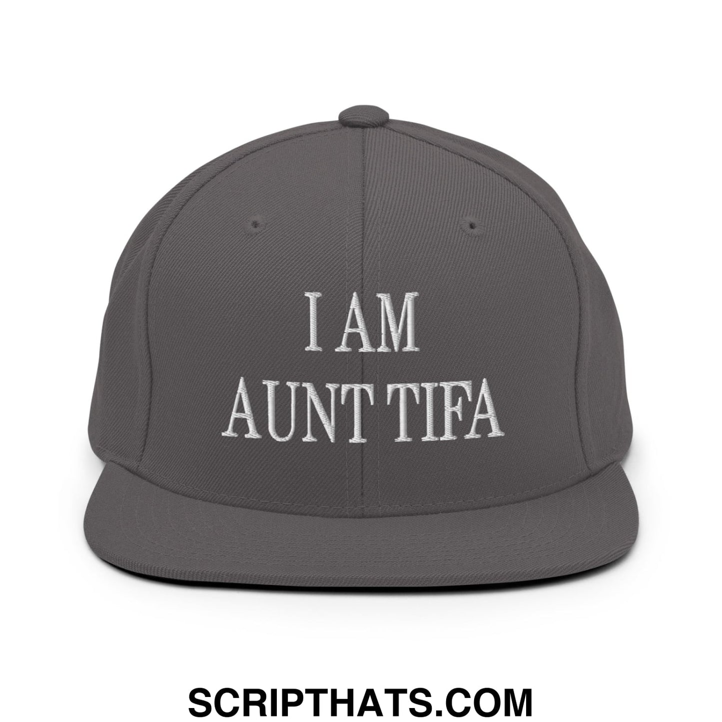 Gray snapback hat with white embroidered i am aunt tifa text and flat bill brim for casual wear