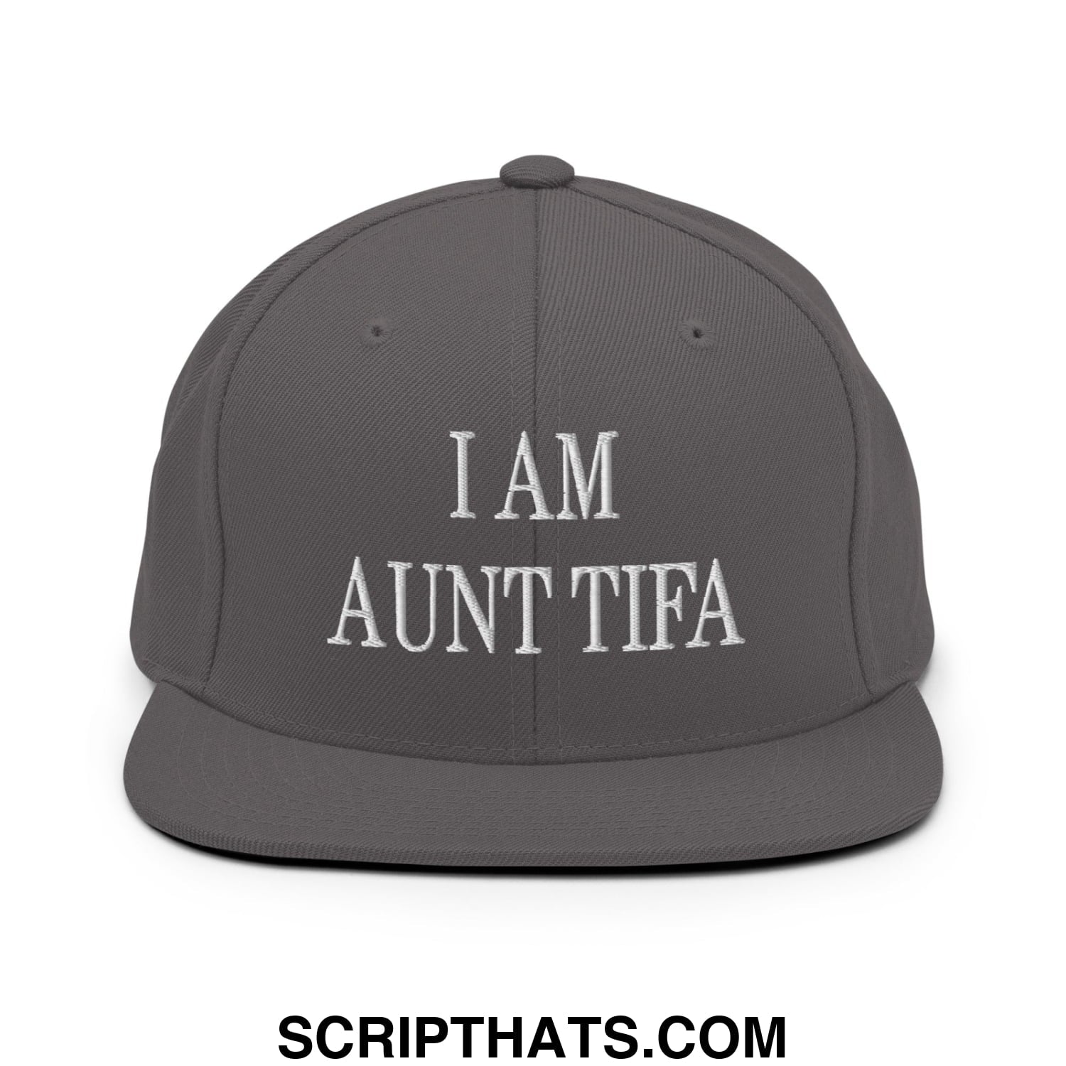 Gray snapback hat with white embroidered i am aunt tifa text and flat bill brim for casual wear