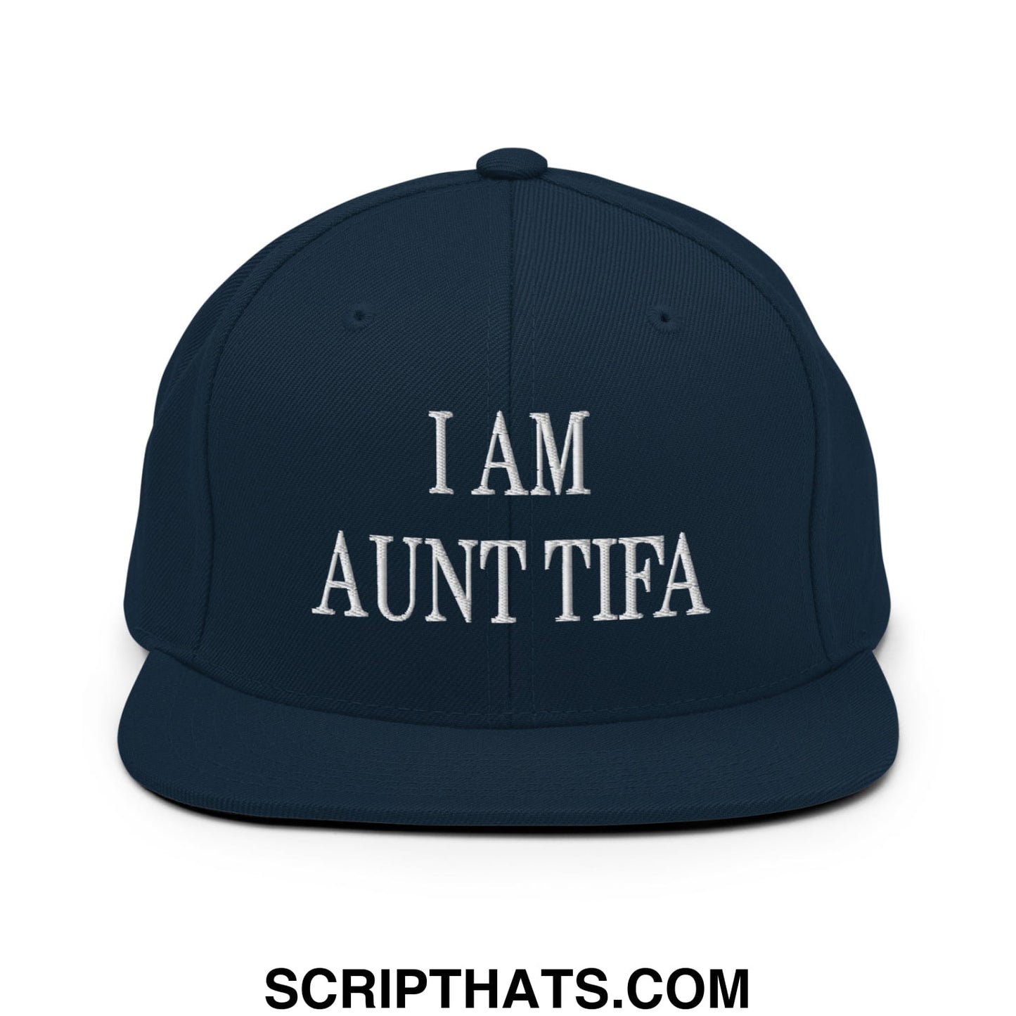 Navy blue snapback hat with white embroidered i am aunt tifa text and flat bill brim design
