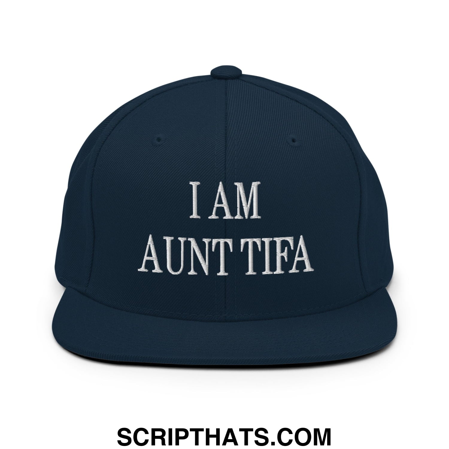 Navy blue snapback hat with white embroidered i am aunt tifa text and flat bill brim design