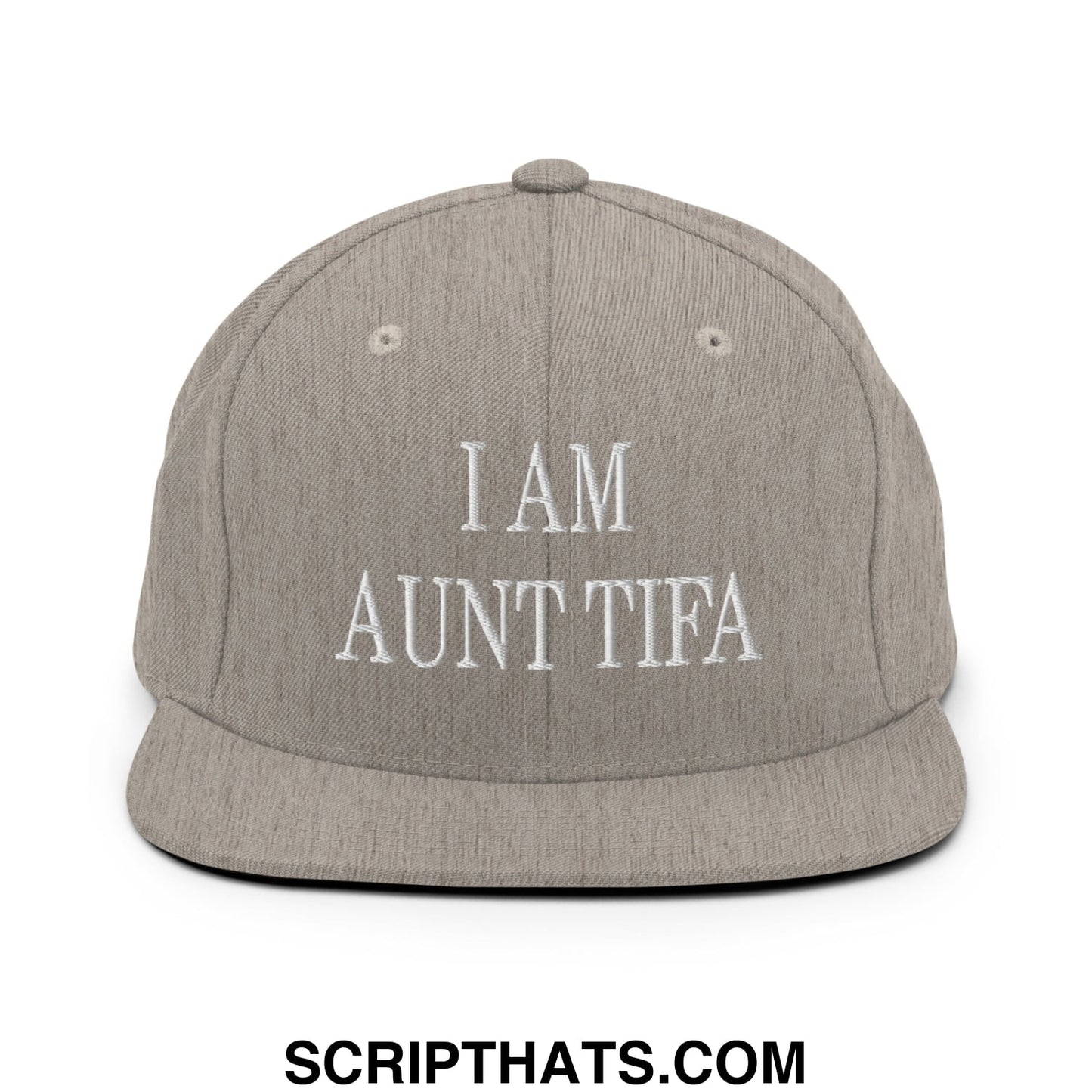 Gray snapback hat with white embroidered i am aunt tifa text and flat bill brim design